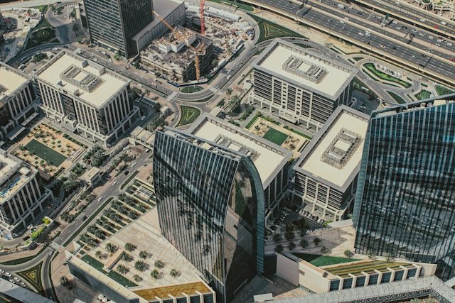 Aerial view of Dubai’s business district, a hotspot for short term rentals.
