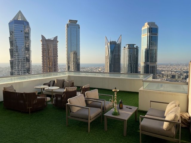 Rooftop lounge in Dubai with skyline views, ideal for short term rentals.